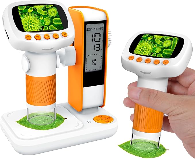 Microscope for Kids,1000X Portable Handheld Microscopes w/Base Stand, 2" HD Screen Pocket Microscope USB Support Camera and PC Video, Digital Microscopes for Kid, Christmas Birthday Gifts