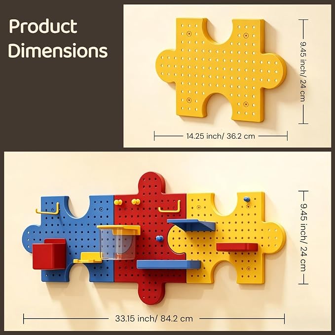 Pegboard Wall Organizer, Puzzle Modular Plastic Storage System with Hooks Shelves Boxes, Colorful Red Yellow Blue, 33.1 x 9.4 Inches, Wall Decor for Entryway Home Office Kids Room Craft Area