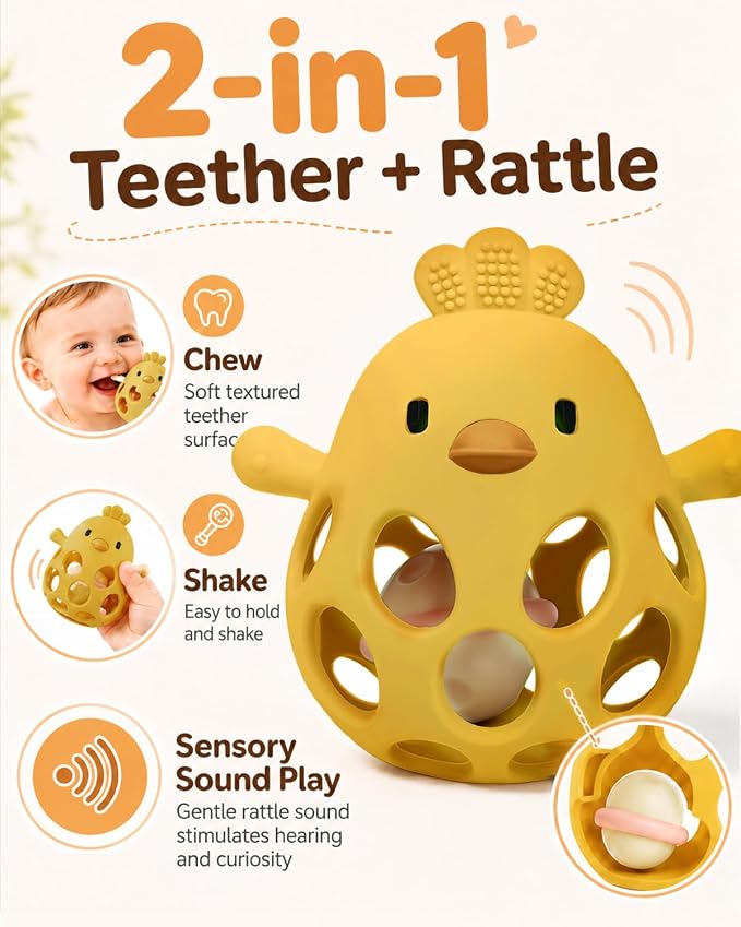 Tinabless 2-in-1 Baby Teether Rattle Toy, Easy Grip Silicone Teething Toy for Babies 3-12 Months, BPA-Free Sensory Chew Toy for Sore Gums, Infant Shower Gift (Yellow w/Rattle)