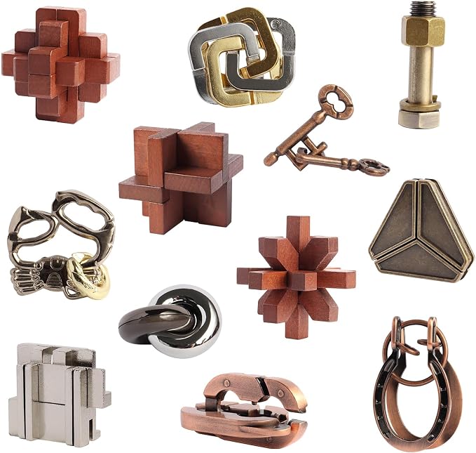 12pcs Puzzles Toys Wooden Metal Brain Teaser Puzzles Game for Adults Kids Desk Toy Lock Puzzles Gift for Teens