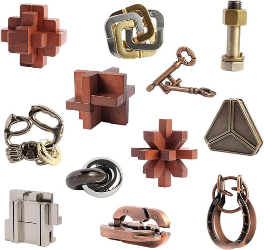 12pcs Puzzles Toys Wooden Metal Brain Teaser Puzzles Game for Adults Kids Desk Toy Lock Puzzles Gift for Teens
