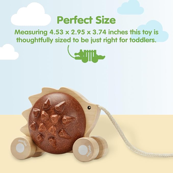 PlanToys® Wooden Pull Along Hedgehog Montessori Toddler Walking Kids Set | rolling wheels, toddler pull toys, sound design, girls, boys, gross motor balance & coordination learning gift for kids