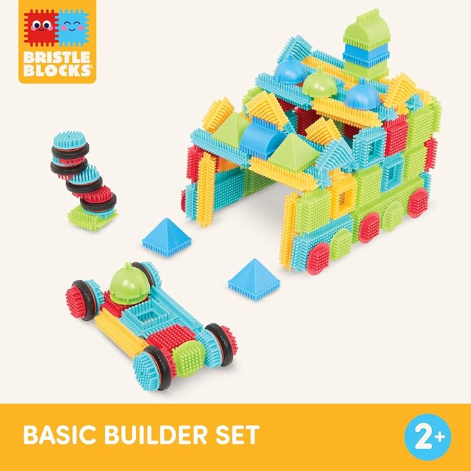 Battat Bristle Blocks Basic Builder Set, 112-Piece Building Blocks, Playset | Interlocking building blocks with soft bristles, assorted sizes and colors, plus 8 wheels for motion play, Playset, 2+ Years