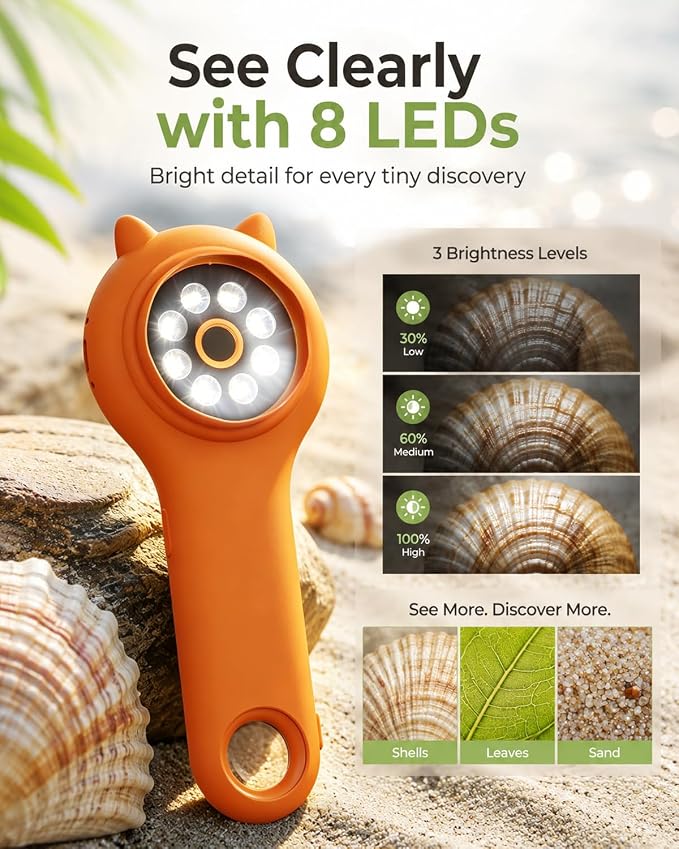 Bug Exploration Microscope for Kids, 500X Handheld Digital Microscope with 2" IPS Screen, Backyard Adventure STEM Science Toy Age 5-12 (Orange)