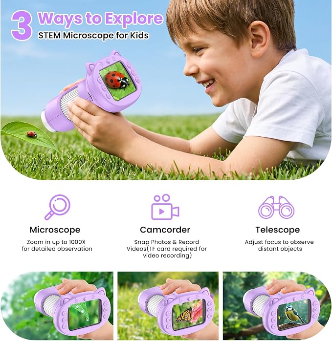 Alotwan Kids Handheld Microscope, 1000X Digital Pocket Microscope for 3-12 | 2.4" Large Screen, HD Camera/Video, Outdoor Toys, STEM Science Kit, Birthday Gifts for Boys & Girls 3-12, Christmas Gift