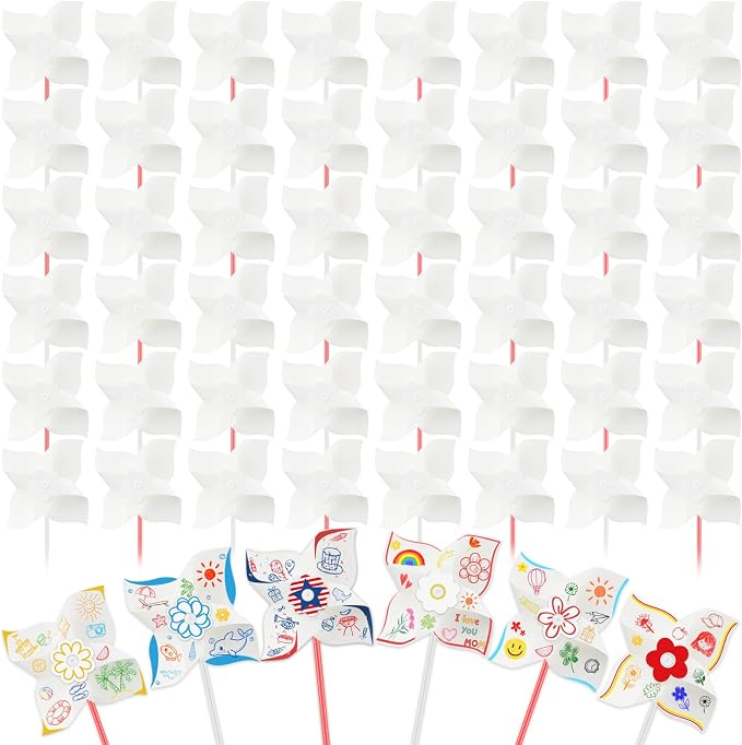 110pcs Summer Activities for Kids – DIY Paper Pinwheels Crafts, Blanks White Windmill Kits Bulk for 4th of July, Classroom Party, Back to School, Easter, Spring Art Projects