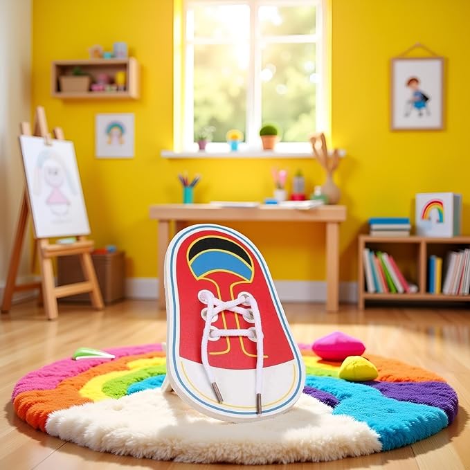 Junfamilee 1Pc Red Shoes Learning Toy Learn to Tie Your Own for Practical Learning Toys for Young Children Training Board Toddler Early Wooden Threading Lacing Shoes，Arts and Crafts
