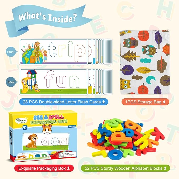 Officygnet Learning Toys for 3 4 5 6 Years Old Boys and Girls, See & Spell CVC Word Builders with Alphabet Cards for Kids Ages 3-5, Matching Letter Game for Preschool Toddler Learning Activities