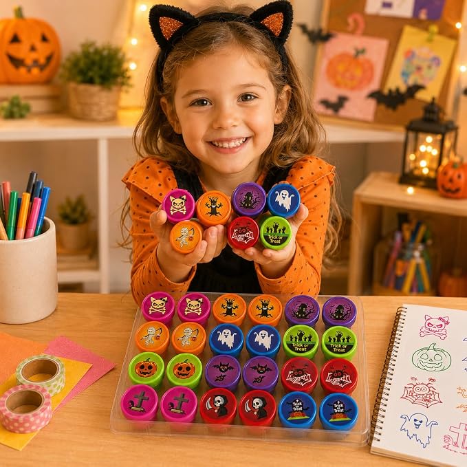 Cinrobiye 24 Pcs Halloween Stampers Party Favor Set, Cute Trick or Treat Stamps for Kids Halloween Party, Classroom Rewards, Halloween Goody Bag Fillers, Spooky Party Supplies