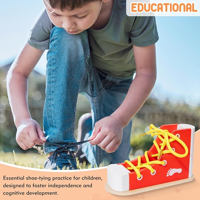 Shoe Tying Practice for Kids | Red Shoe Tie Practice for Kids Threading Lacing Shoes Training, Wooden Learn to Tie Shoes Basic-Life-Skills
