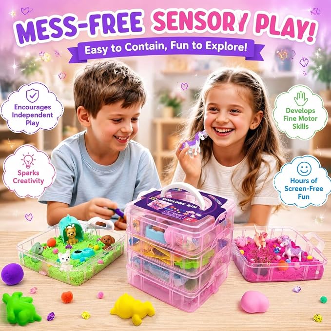 AGENTLAN Stackable Sensory Bin, Unicorn & Pet Sensory Sand Play Set | Unicorn and pet sand box with play sand, sensory toys for toddlers boys and girls, gift for girls ages 3-8