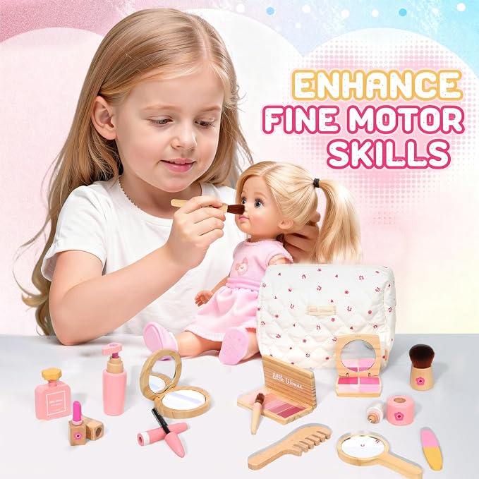 Wooden Pretend Play Makeup for Toddlers 1-3,100% Safe & Non Toxic | Natural Wood,Mess Free,Sparks Imagination,Montessori Toy Builds Fine Motor Skills,Birthday Gift For 1-3 Year Old Girls