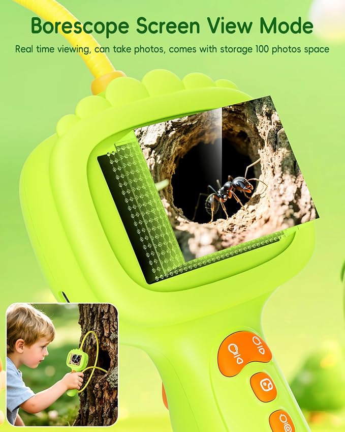 Borescope Camera with Light for Kids, Ashfly STEM Science Educational Toy for 3 4 5 6 7 8 Years Old Boys & Girls, 2.4" Screen Snake Scope Camera for Birthday Outdoor Camping Nature Exploration-Green