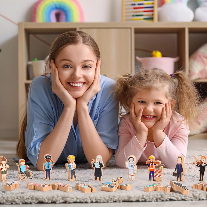 Blosssound 30 Pcs Community Helpers Blocks Preschool Community Helpers | Wooden People for Dramatic Play Center, Multicultural Career Toys, Pretend Games for Kids Classroom, Educational Blocks