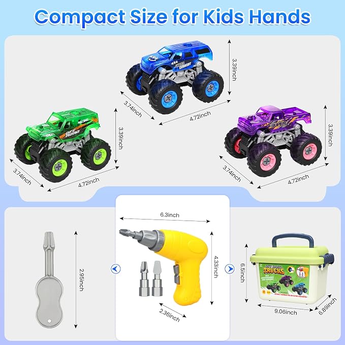 Take Apart Monster Truck Toys for Kids Age 4-7, STEM Monster Trucks | Electric Drill & Storage Box, Educational Building STEM Toys for Kids, Christmas & Birthday Gifts for Boys Girls 3-5 4-8
