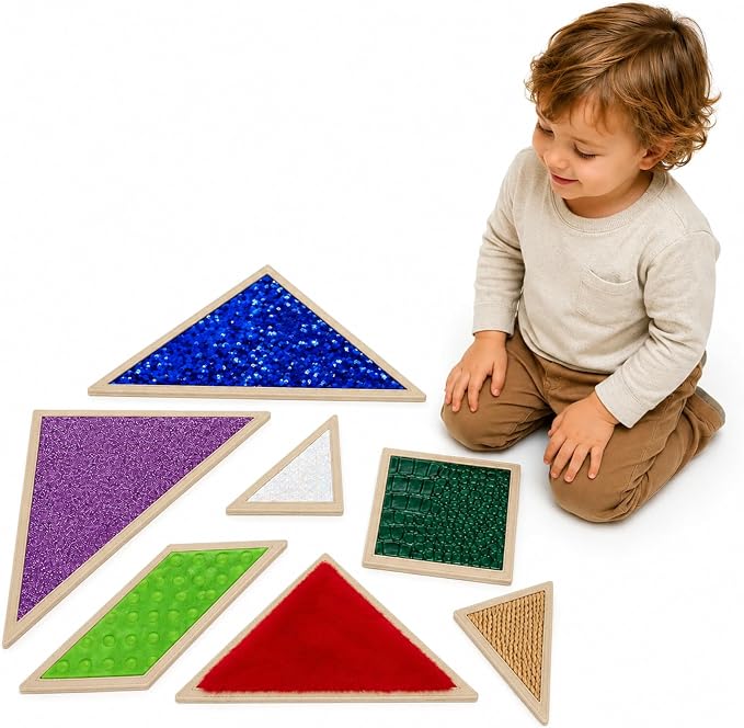 7-Piece Sensory Wall Panel Set for Kids, Modular Wooden Activity Boards with Interchangeable Textures & Sequin Flip Triangles, Fine Motor & Sensory Exploration Toys for Classroom, Daycare & Home