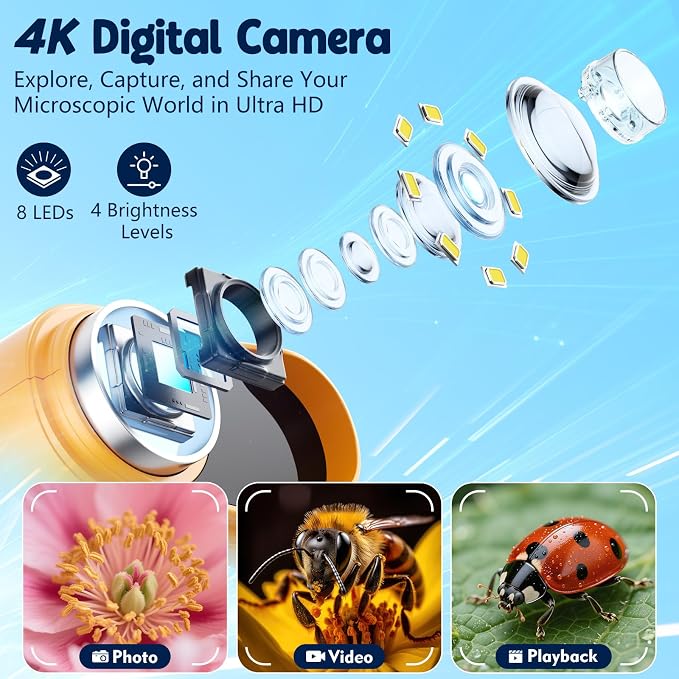 Odatay 4K 1000X Digital Microscope for Kids with 32G Card, Long Distance Viewing & 2.4" Screen Portable Handheld Edu Toys for Age 3-12 Exploring Bugs Plants at Home Classroom & Outdoor Travel, Yellow