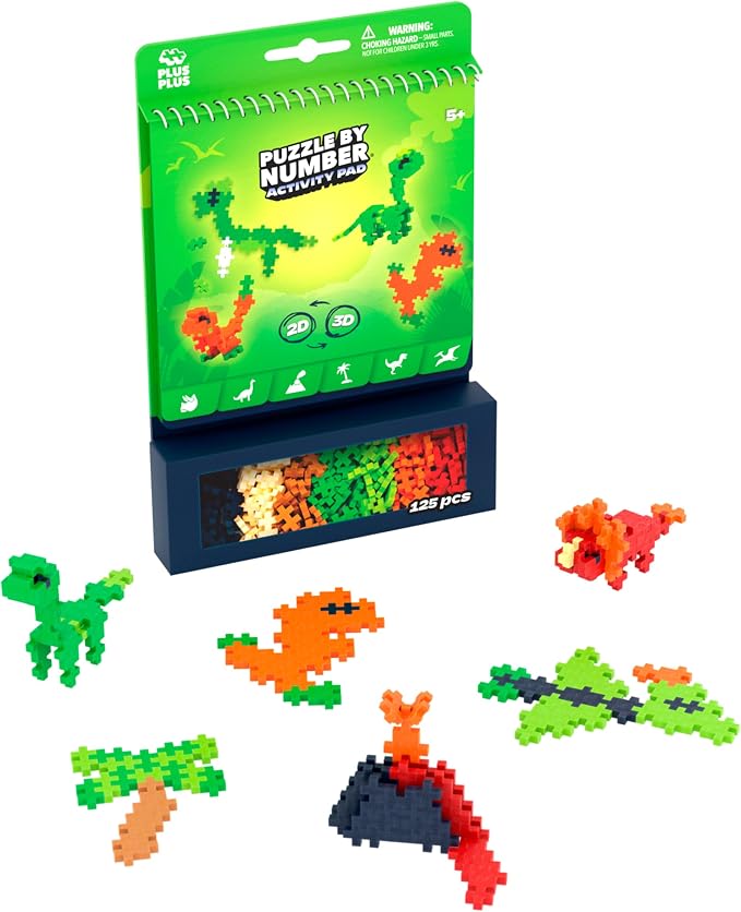 PLUS PLUS Puzzle By Number Activity Pad, Dinosaurs | Airplane Activities & Roadtrip Essentials for Kids, Interlocking Mini Building Blocks, 2D 3D Puzzle Stem Toy