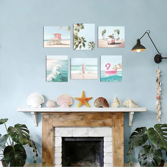 HOURIA 6Pcs Ocean Beach Canvas Wall Art Set(8”x10”), Summer Ocean Surfing Wall Decor,Coastal Seascape Themed Wall Decor,Pink Surfboard Coconut Tree Art Print for Living Room Bedroom