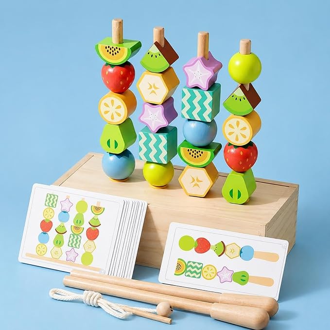 Children Learning Beads Wooden Fruit Themed Threading Blocks with Lacing String Pattern Cards Storage Box for Sequencing Shape Recognition Suitable for Classroom playroom