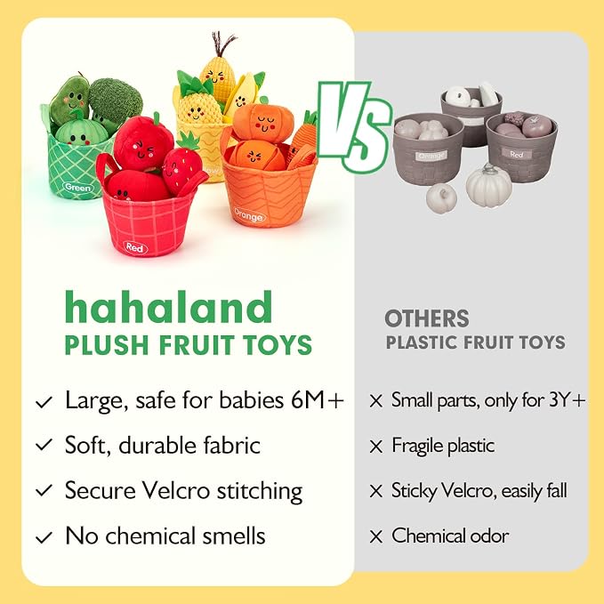 hahaland Baby Sensory Toys Montessori Toys 1 Year Old Fruit Vegetable 16PCs | Color Sorting Play Food with Textures, Crinkle, Rattle, 6-12 Month Baby Toys 1 Year Old Boy Gifts One Year Old Girl Birthday