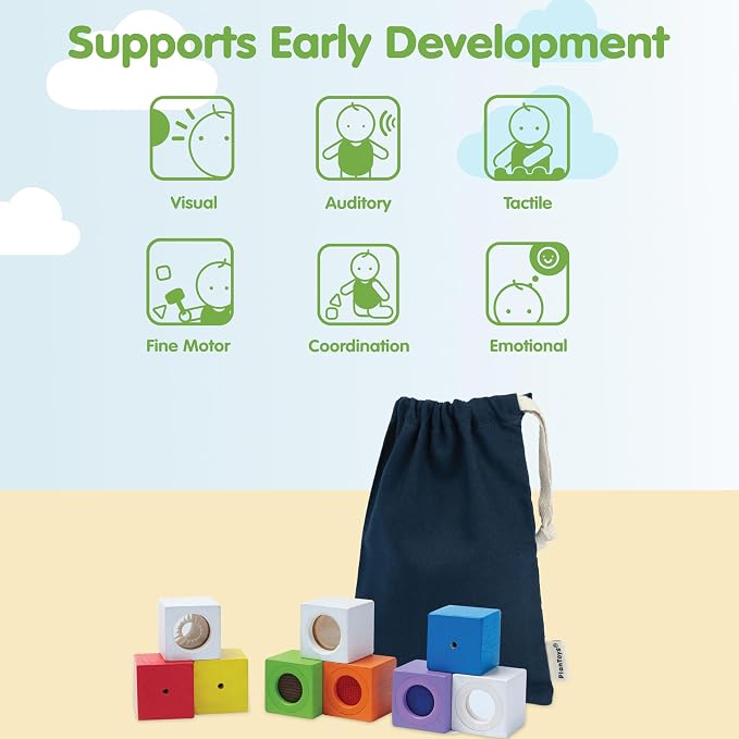 PlanToys® Sensory Activity Blocks for Toddlers 9-Piece Set Ages 12 Months+ | storage bag, visual, tactile, sensory blocks, girls, boys, auditory fine motor cognitive learning gift preschool new set