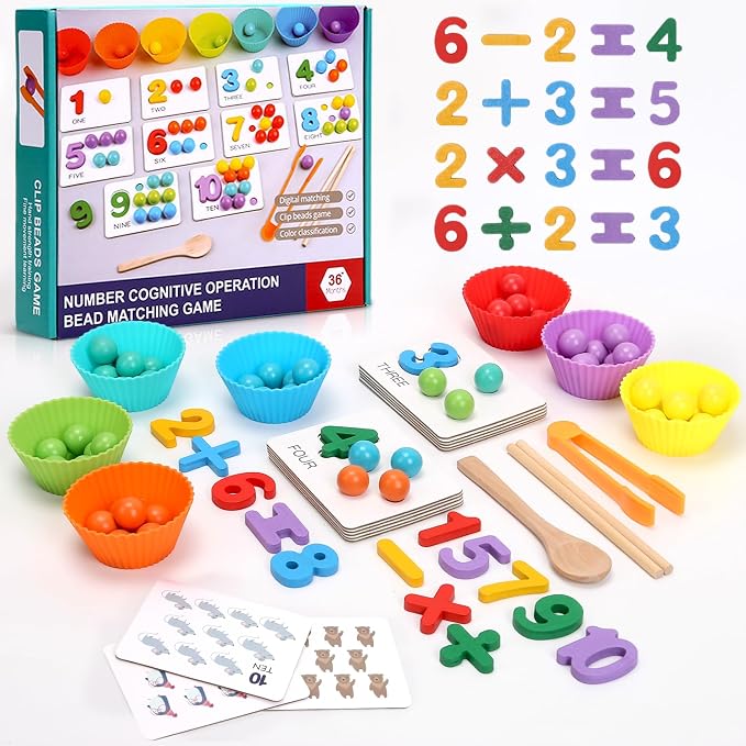 Wooden Peg Board Bead Game, Montessori Arithmetic Math Toy Set | beads, chopsticks & spoons, children's preschool fine motor toys for 3 4 5 years old