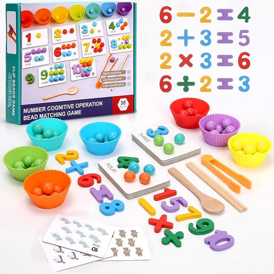 Wooden Peg Board Bead Game, Montessori Arithmetic Math Toy Set | beads, chopsticks & spoons, children's preschool fine motor toys for 3 4 5 years old
