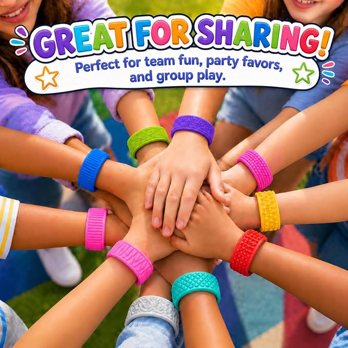 KLT Silicone Slap Bracelets 12 Pack with 6 Textures | Reusable storage boxes, quiet wearable fidgets, classroom rewards, office desk toys, travel activities, party favors