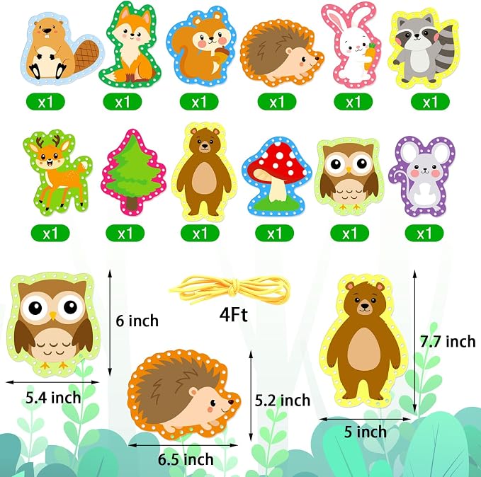 Omlisca Woodland Animals Lacing Cards for Kids 12 Pack Forest Animals Sewing Cards Owl Fox Bear Woodland Theme Party Decor Arts and Crafts Gifts for Toddler Preschool Developing Imagination Supplies