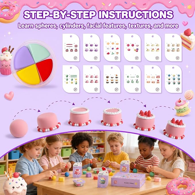 Air Dry Clay Kit -12 Desserts Modeling Clay for Kids Arts and Crafts | Ultra Light & Soft,Safe & Non-Toxic,No-Sticky & Crack,DIY Molding Clay with Sculpting Tools,Party Favors Gifts for Girls Boys