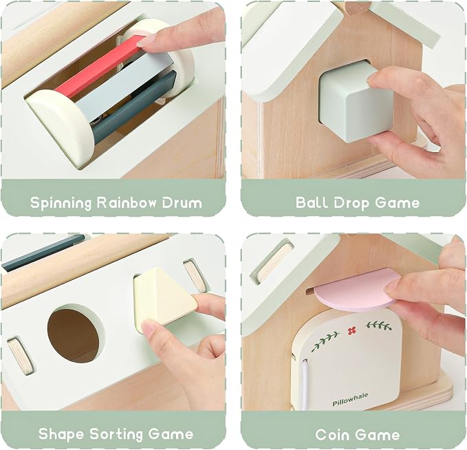 Pillowhale Montessori Activity Cube for Toddlers 12 Months+, Wooden 5-in-1 Learning Toy with Object Permanence Box, Shape Sorting & Stacking, Fine Motor Skills Toy for Baby Boys Girls