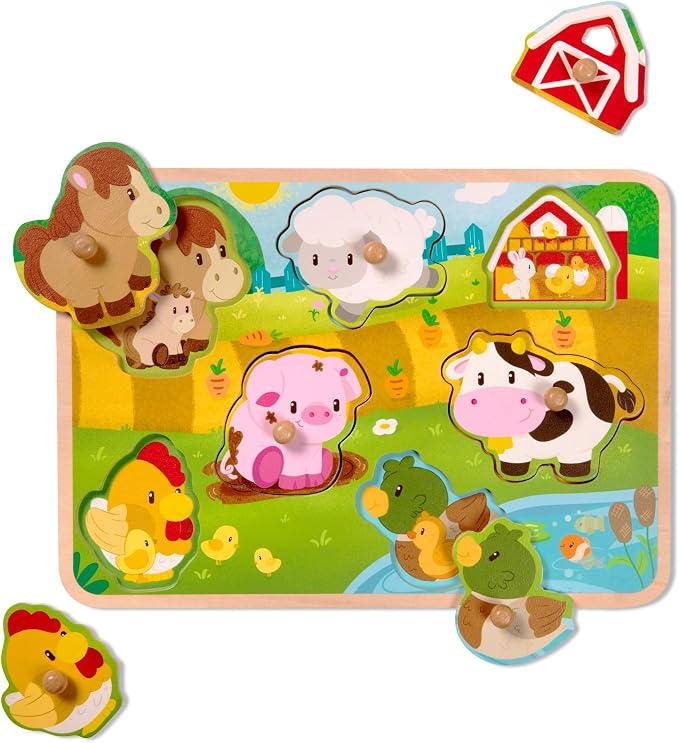 Battat Farm Animals Wooden Peg Puzzle, Farmland Toddler Toy, Wood Toys | 7 wooden pieces with easy-grip pegs and baby animal scenes under pieces for lift-and-match farm play, Wood Toys, 18+ Months
