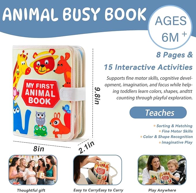 GOODMOM Animal Busy Book for Ages 1–3 -in-1 Educational Activity Book | Develop Fine Motor Skills, Practical Life Skills & Sensory Exploration | Travel-Friendly, Screen-Free Fun