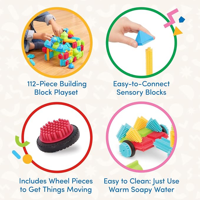 Battat Bristle Blocks Basic Builder Set, 112-Piece Building Blocks, Playset | Interlocking building blocks with soft bristles, assorted sizes and colors, plus 8 wheels for motion play, Playset, 2+ Years