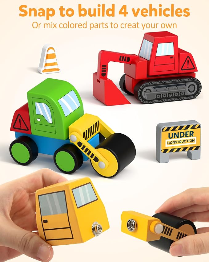 Coogam Snap Together Vehicle Toys for Toddlers, Assembly Building Game | Wooden Montessori Take Apart Construction Engineering Car, STEM Fine Motor Educational Toy Gift for Kids Ages 3-8