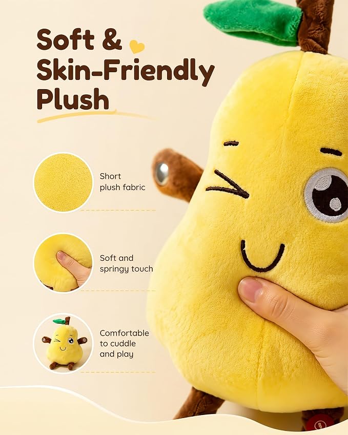 Touch Activated Musical Sensory Plush Toy, Ultra Soft Skin Trigger Sound | Interactive Stuffed Doll, Dual Mode, Early Educational Sensory Fruit Gift for Baby Kids Boys Girls All Ages (Yellow Pear)