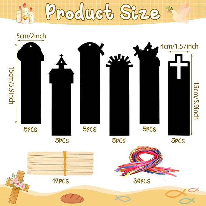 JUNEBRUSHS 30Pcs Religious Crafts for Kids, Easter Rainbow Color Scratch Art Bookmarks Resurrection Cross Religious Gifts for Kids Sunday School Church Bible Crafts Kits