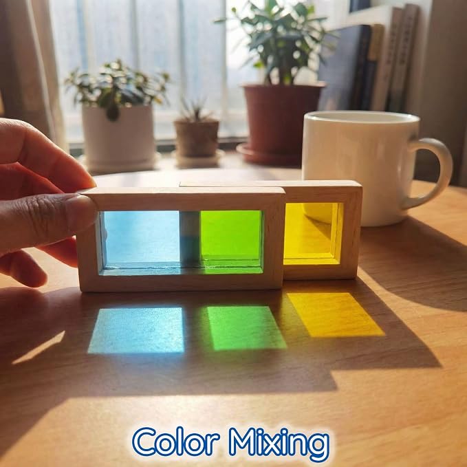 BOHS Translucent Wooden Rainbow Blocks for Kids, 24-Piece Sensory Set | Six shapes in four vivid colors; light-table and sunny-window play; color mixing, motor skills and open-ended creativity