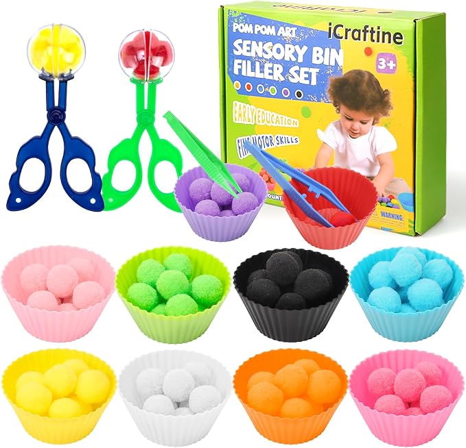 114 PCS Fine Motor Skills Sensory Bin Filler | ncludes 10 Sorting Bowls, 100 Pom Poms, 2 Tweezers, 2 Scooper Scissors for Kids Early Education, Counting Sorting Training De