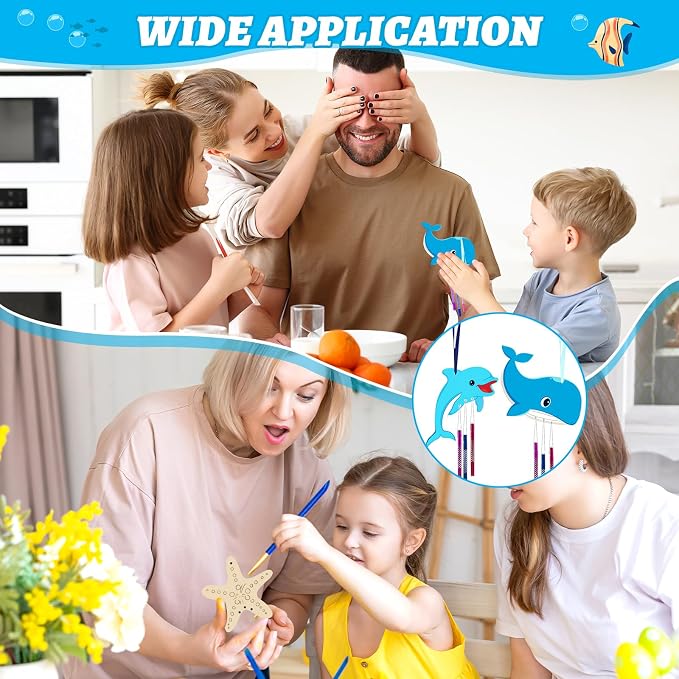 Wooden Ocean Animals Wind Chime Kit Make Your Own Sea Animal Crafts Coloring DIY Wind Chime kit for Summer Activities Birthday Favor School Home Art Party Decorations 9 Pack