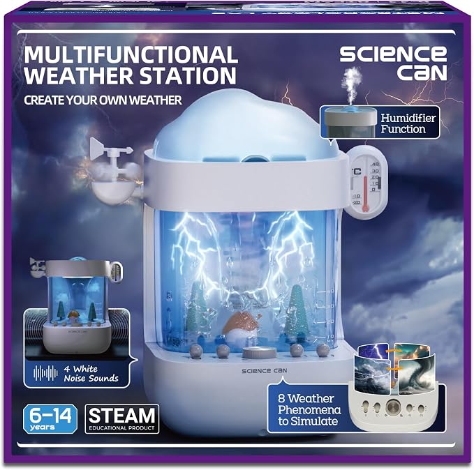 Science Can 3-in-1 Weather Station Toy for Kids, STEM Kits for Kids Age 6-8 | Educational Science Kits, 8 Predefined Weather Experiments, Humidifier/White Noise Mode, Gifts for 6 7 8 9 10 Year Old Girls
