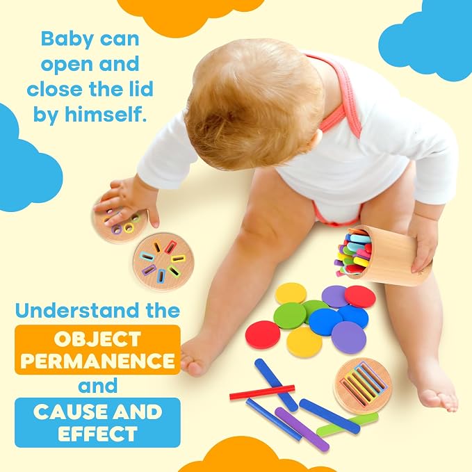 Wooden Montessori Baby Toddler Toys 3in 1 Learning Fine Motor Preschool Toy | Educational Color Sorting and Cause and Effect Sensory Activity for Toddlers 1-3, Birthday Gift for 12 Month Old Boys Girls