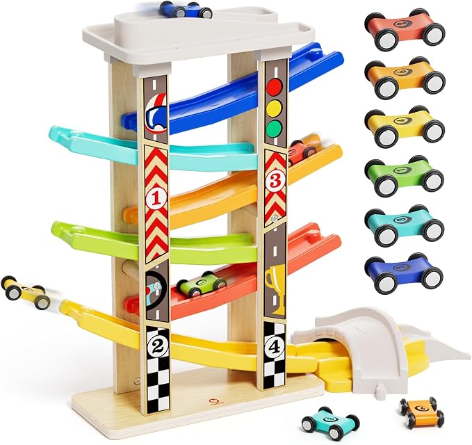 TOP BRIGHT Wooden Car Ramp with 6 Cars, Montessori Toy for Ages 1-3 | 6-Lane Ramp With Garage & Bridges, Includes 6 Mini Cars for Racing, Montessori Toy for Boys & Girls