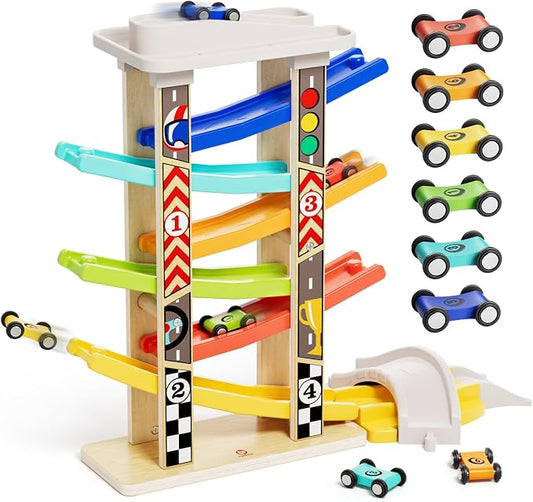 TOP BRIGHT Wooden Car Ramp with 6 Cars, Montessori Toy for Ages 1-3 | 6-Lane Ramp With Garage & Bridges, Includes 6 Mini Cars for Racing, Montessori Toy for Boys & Girls