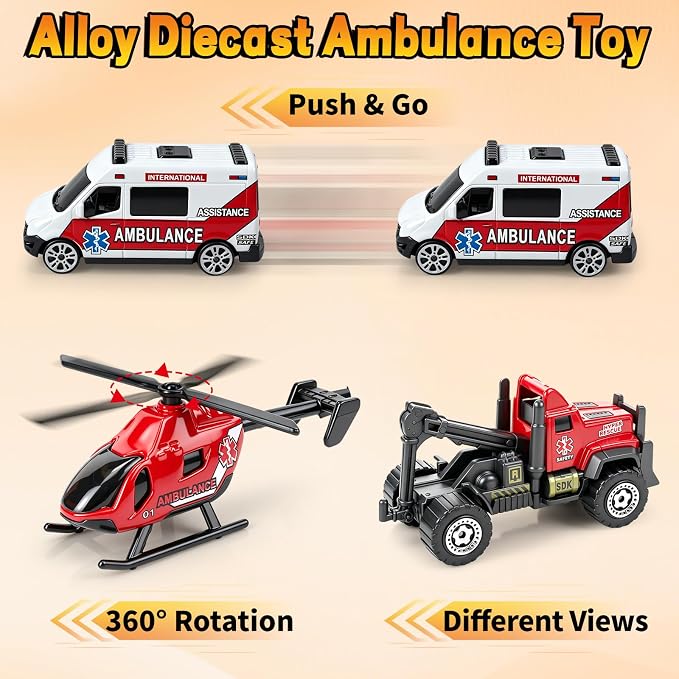 6 Pack Diecast Ambulance Toy, Mini Alloy City Rescue Emergency Vehicle Toys Playset Helicopter Toy Trucks for Boys Age 4-7 8 9 Years Old, Car Toys for Kids Toddlers Party Favors & Birthday Gift | Ambulance Vehicle Playset with Helicopter, Emergency Car...