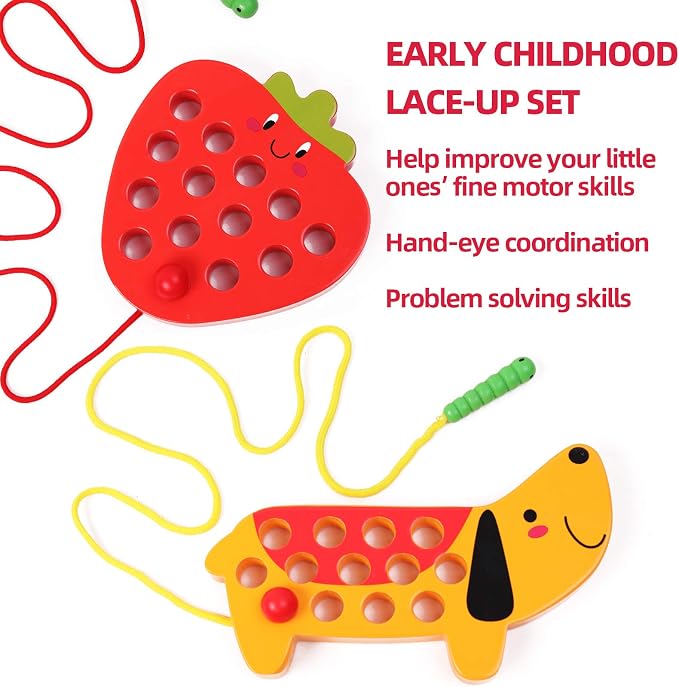 Wooden Lacing Threading Toys Fine Motor Skill Toys for 3 Year Old | Educational and Learning Montessori Toddler Travel Toy 1 Strawberry and 1 Dog
