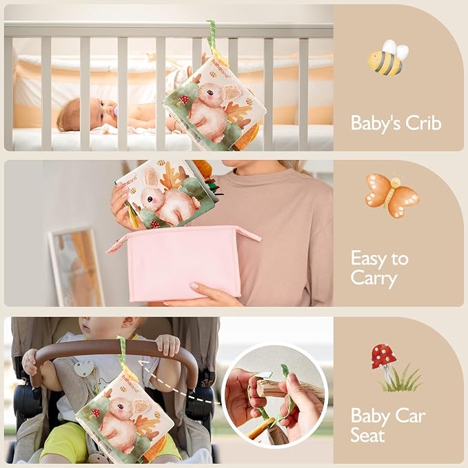 hahaland Baby Soft Cloth Crinkle Books Touch and Feel Sensory Infant Toy | Interactive Book with Mirror Teether, Perfect for 0+ 3 6 Months Baby Girl Boy Newborn Essentials