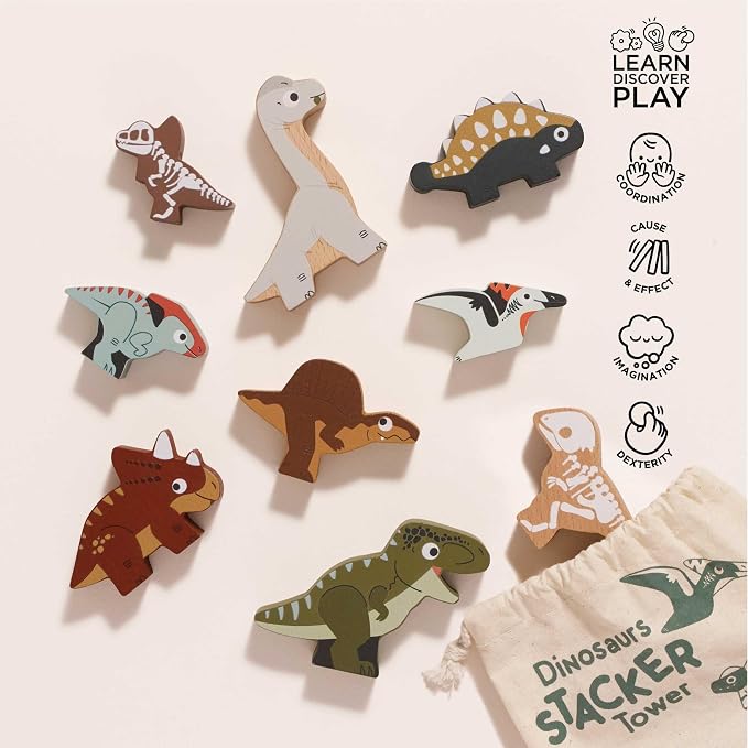 Le Toy Van Wooden Jurassic Stacking Dinosaurs & Bag, 18m+