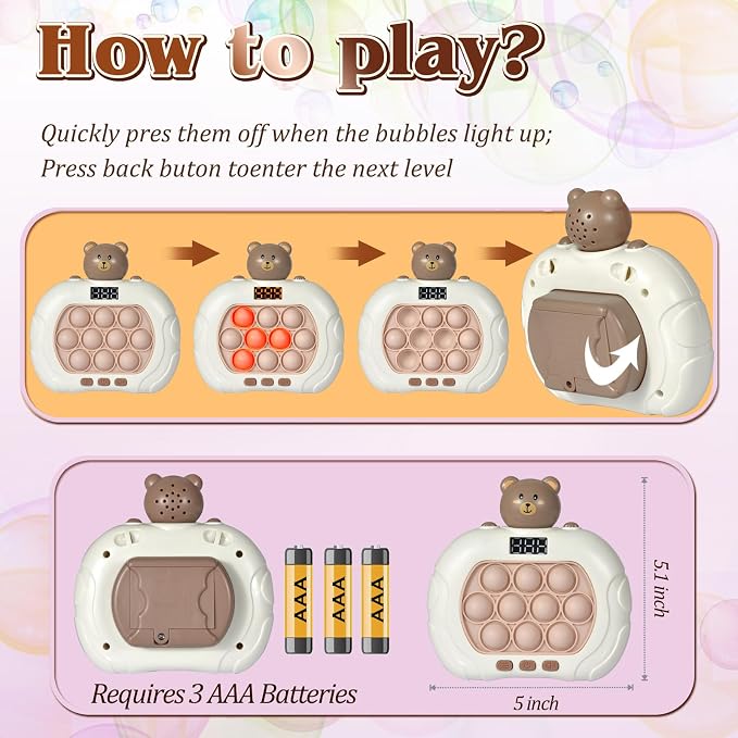 GAPER GO Pop Game Light Up Fidget Toy for Kids 5-7 8-12, Handheld Puzzle Game Sensory Toys with LED Screen, Christmas Toys Gifts for 3-12 Year Old Boys Girls (Bear)